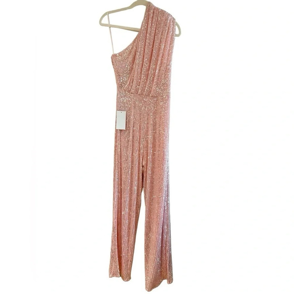 Jay Godfrey Georgia Sequin Sz 6 One Shoulder Wide Leg Pink Jumpsuit - Picture 3 of 6